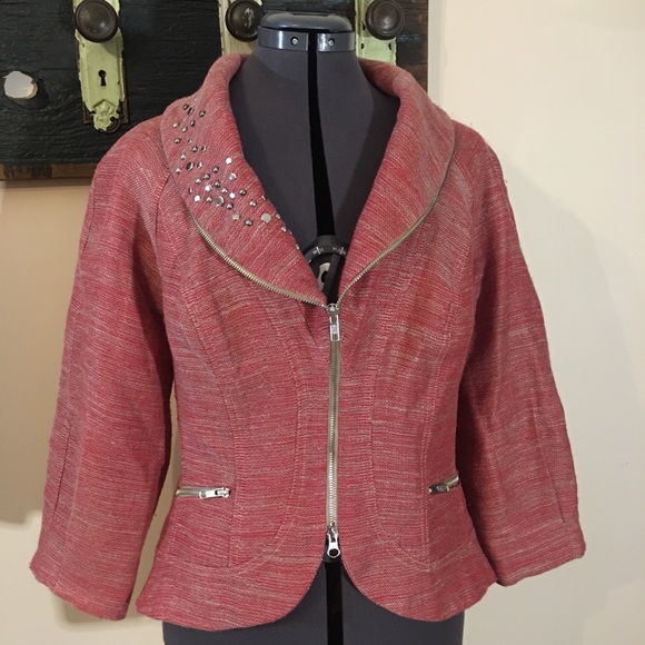 Emil Rutenberg Designer Linen Mix Rough Weave Red & Beige Stud Collar Jacket - Picture 4 of 16